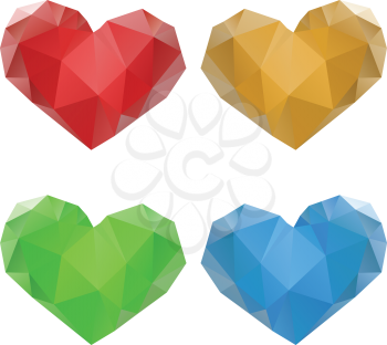 Set of colorful crystallized hearts on white background.