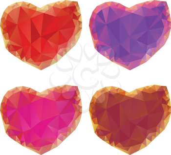 Set of colorful crystallized hearts on white background.