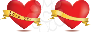 Valentine red hearts with gold ribbon on white background.