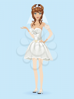 Beautiful cartoon girl in white wedding dress and veil.