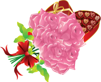 Illustration of pink roses and gift box for St.Valentine's Day.