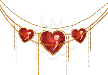 Illustration of golden jewelry chain with heart pendants.