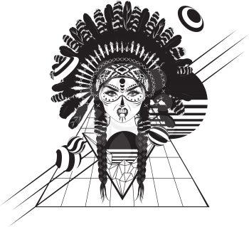 Stylized angry indian girl portrait with geometric shapes design in black and white.