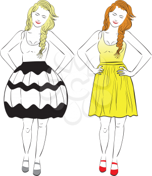 Illustration of a pear body type woman in different dresses, line art style .
