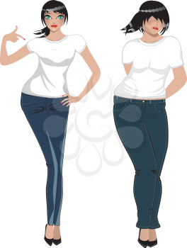 Fat and slim woman in white t-shirt and jeans.
