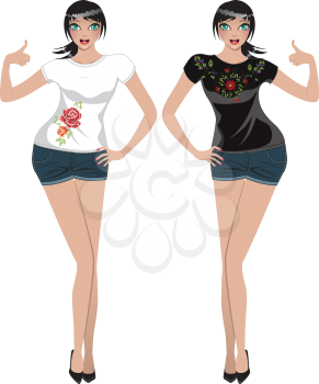 Fashion cartoon girl in jeans and tshirt with floral embroidery.