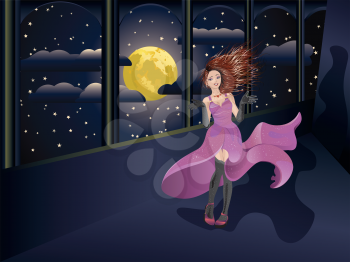 Fashion girl in flowing purple dress on balcony at night time.