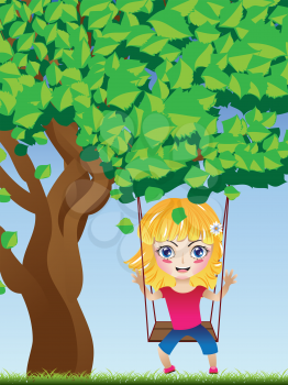 Cute happy cartoon little girl on swing under the tree.