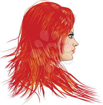 Portrait of a girl with red hair on white background.