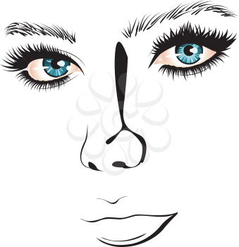 Female face with blue eyes in simple black and white line art style.