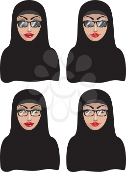 Cartoon muslim woman portrait in black hijab illustration.