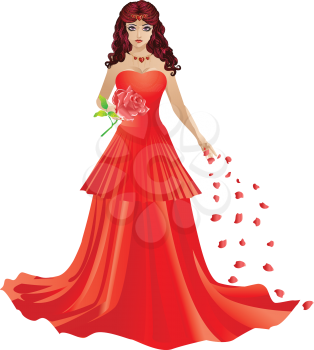 Illustration of beautiful red haired girl in red dress with rose petals.