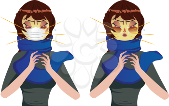 Cartoon woman in blue scarf suffering influenza and runny nose.
