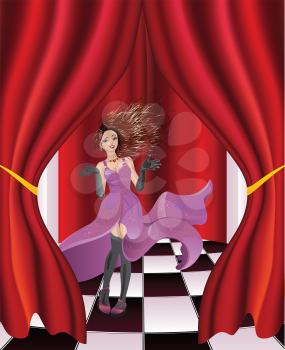 Woman on a stage with checkered floor and red curtain.