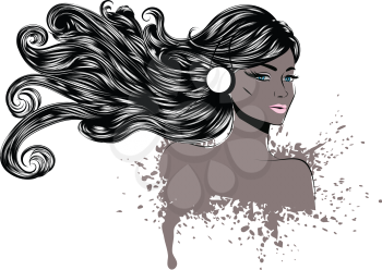 Grunge line art portrait of a woman with long wavy hair.
