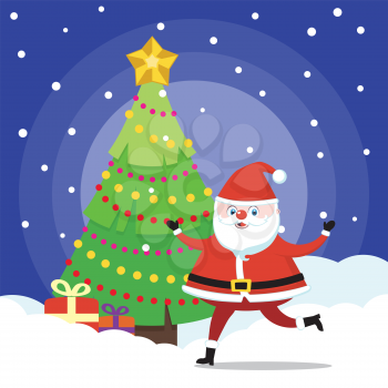 Christmas banner with Christmas tree and cartoon Santa, winter landscape.
