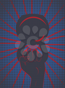 Human hand holding kettlebell, sports themed retro illustration.