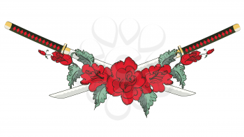 Japanese katana sword and red rose flowers with leaves illustration.