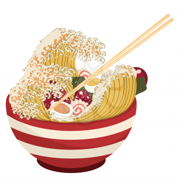 Cartoon red bowl of ramen, noodles in a wave shape illustration.