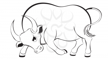 Cute cartoon bull illustration in black and white.
