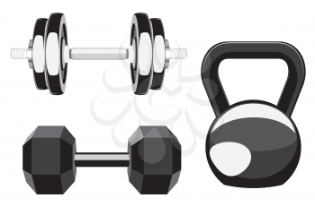 Abstract fitness club logo, dumbbells and kettlebell design illustration.