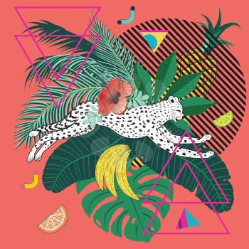 Running cheetah with tropical fruits and leaves design.