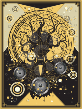 Retro style geometric music themed poster with violin tree design.