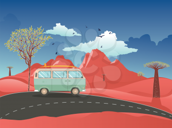 Green van traveling through red desert landscape.