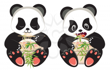 Cute cartoon panda bear eating tasty ramen, noodle soup with bamboo design.
