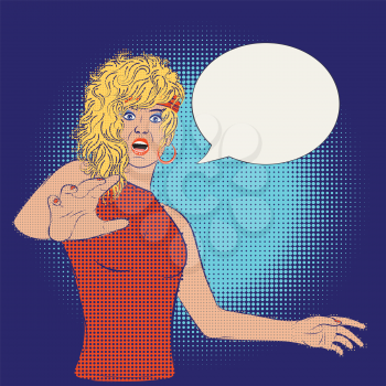 Frightened, shocked woman in retro pop art style with halftone.