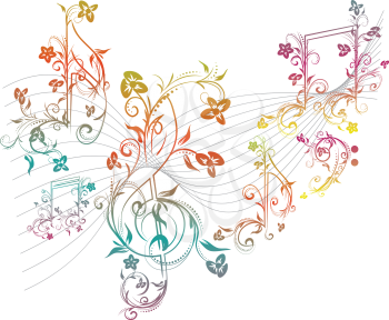 Set of music notes with floral elements on white background.