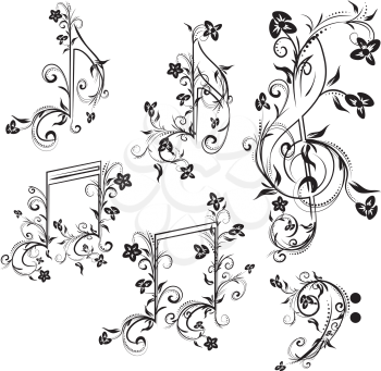 Set of music notes with floral elements on white background.