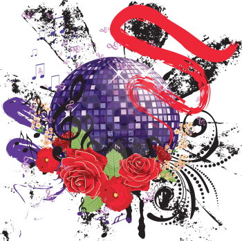 Grunge music design with purple disco ball and floral.