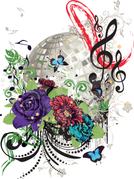 Grunge music design with silver disco ball and floral.