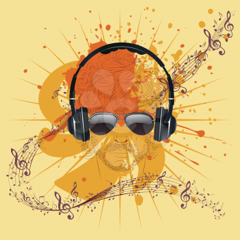 Dj line art, stylized portrait with headphones on grunge background.