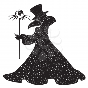 Ancient plague doctor in starry coat, art deco inspired, modern retro style illustration.