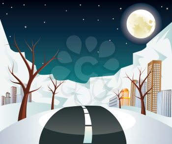 Rural winter city landscape with road and trees at night time.
