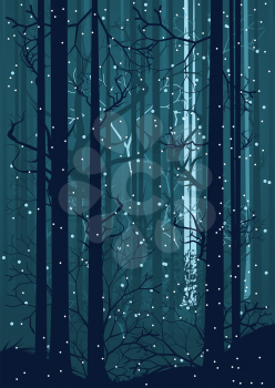 Falling snow in dark winter forest with trees silhouettes.