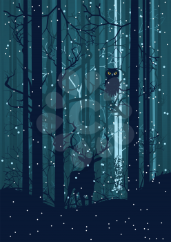Falling snow in dark winter forest with trees and deer silhouette.