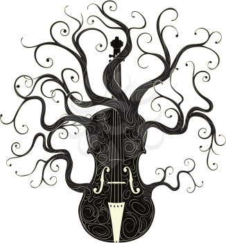 Vintage violin silhouette with tree branches illustration.
