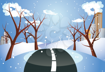 Countryside scene with road to the city at winter time.