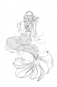 Fantasy mermaid sitting, view from a back, abstract illustration.