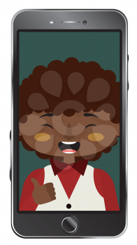 Cartoon afro american boy on smartphone screen, chatting online, distance technology concept.