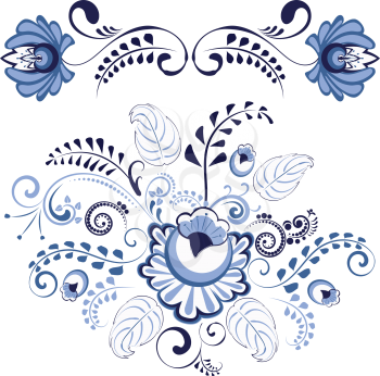 Vintage decorative floral ornament of blue color.
