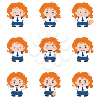 Cute cartoon school girl in different poses and expressions.