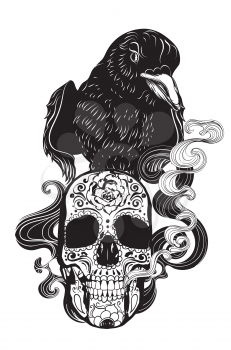 Day of the dead floral sugar skull design in black and white.