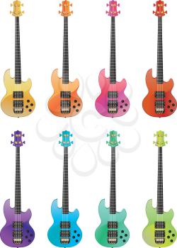 Modern colorful electric guitar set on white background.