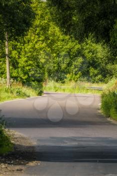 Old cracked, damaged asphalt road in countryside at sunny day.