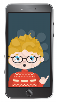 Cartoon caucasian boy on smartphone screen, chatting online, distance technology concept.