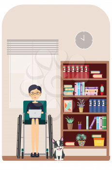 The businesswoman is sitting in the wheelchair work on laptop in the room illustration.